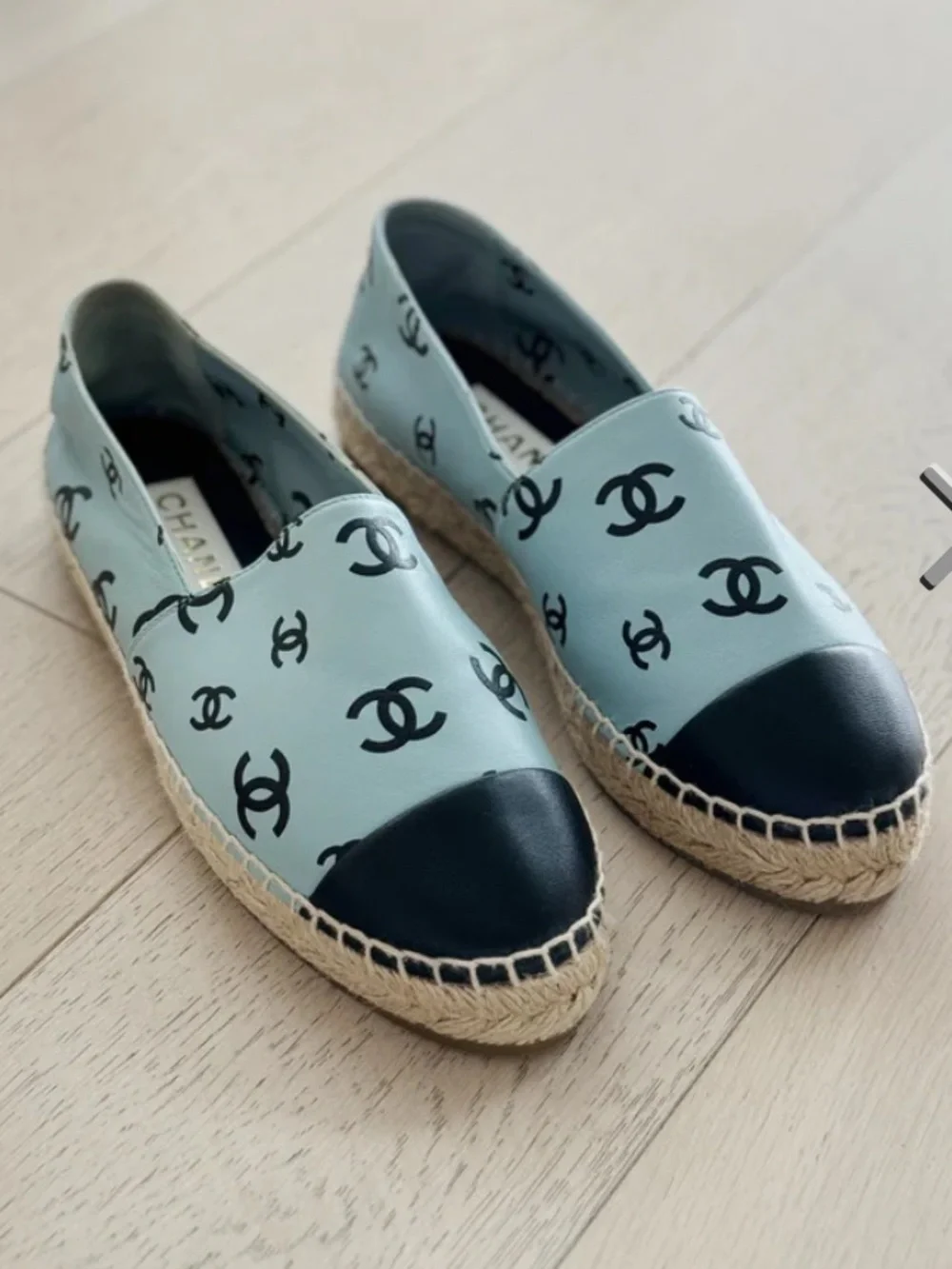 CHANEL Light Blue Logo Espadrille Flats with Black Cap Toe - Picture 1 of 3
